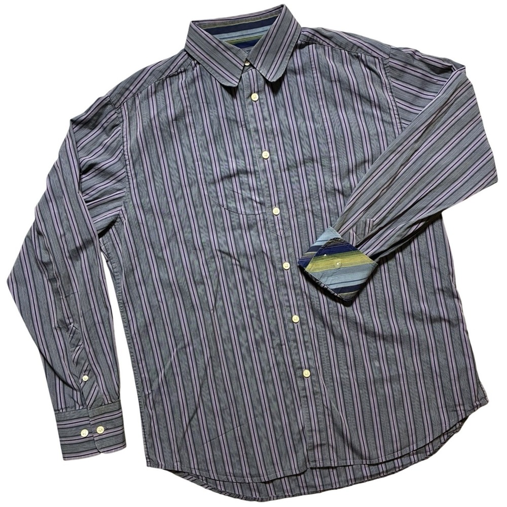 Robert Graham Shirt Men's‎ Large Purple Black Stripe Long Sleeve Plaid Flip Cuff